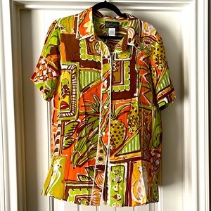Bob Mackie in excellent condition silk button up tropical bohemian shirt
